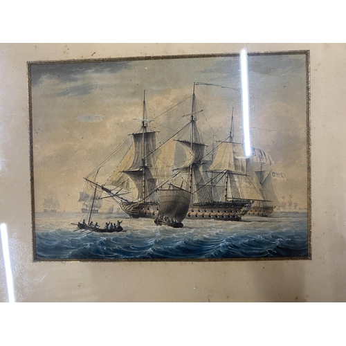 12 - A PAIR OF EARLY 20TH CENTURY MARITIME / NAVAL GILT FRAMED WATERCOLOURS OF SHIPS, LABELS VERSO, 24 X ... 