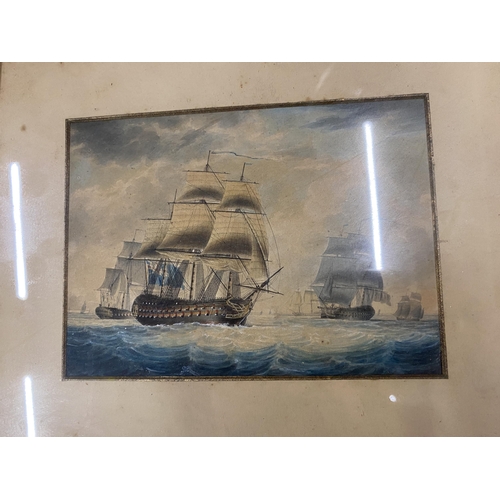 12 - A PAIR OF EARLY 20TH CENTURY MARITIME / NAVAL GILT FRAMED WATERCOLOURS OF SHIPS, LABELS VERSO, 24 X ... 