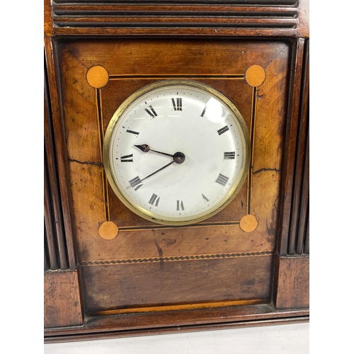 3 - A 19TH CENTURY INLAID MAHOGANY MANTLE CLOCK WITH ROMAN NUMERALS AND ENAMEL DIAL, HEIGHT 28CM