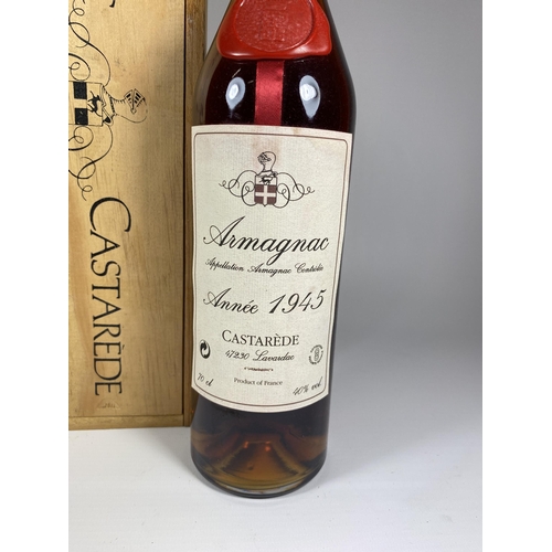 520 - 1 X 70CL BOTTLE - CASTAREDE 1945 ARMAGNAC IN WOODEN PRESENTATION BOX WITH WAX CAPSULE AND SEAL