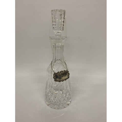 544 - A WATERFORD CUT GLASS CRYSTAL DECANTER & STOPPER WITH HALLMARKED SILVER SHERRY DECANTER LABEL,