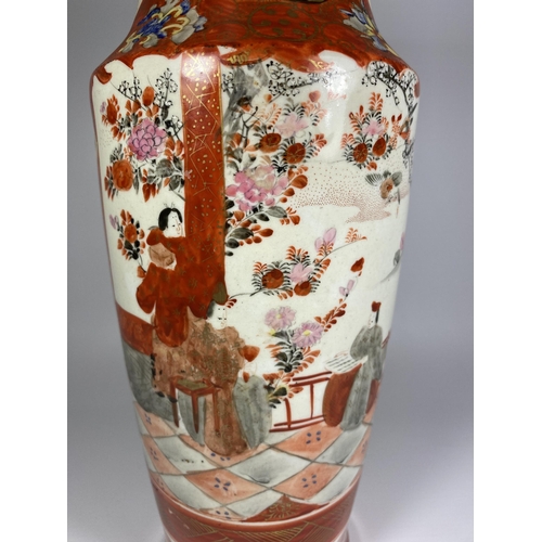 303 - A LARGE JAPANESE KUTANI WARE VASE WITH TEMPLE FIGURAL TEMPLE DESIGN, CHARACTER MARKS TO BASE, HEIGHT... 