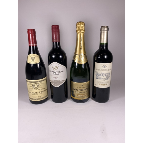 546 - 4 X MIXED BOTTLES - DURBANVILLE HILLS 2016 MERLOT, LOUIS JADOT, MONOPOLE CHAMPAGNE & 2018 CORBIERES