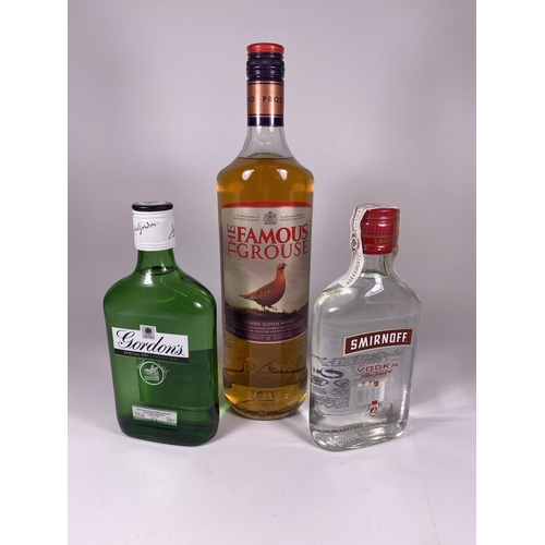 547 - 3 X MIXED SPIRITS - 1L FAMOUS GROUSE, 35CL GORDONS GIN & 35CL SMIRNOFF VODKA