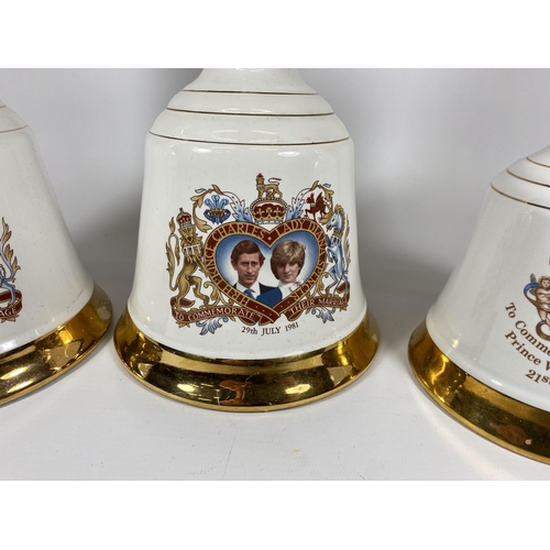 554 - 3 X 70CL BOTTLES - BELLS WHISKY DECANTERS - 2 X CHARLES & DIANA WEDDING & 1982 BIRTH OF PRINCE WILLI... 