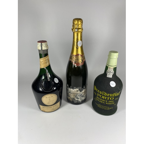 555 - 3 X MIXED BOTTLES - ROTHSCHILD CHAMPAGNE, PRESEDENTIAL PORTO & DOM BENEDICTINE