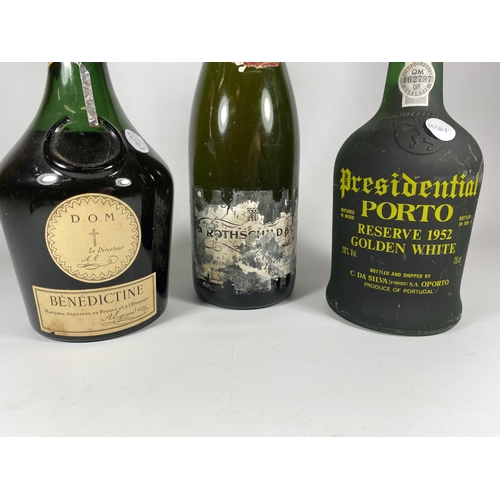 555 - 3 X MIXED BOTTLES - ROTHSCHILD CHAMPAGNE, PRESEDENTIAL PORTO & DOM BENEDICTINE