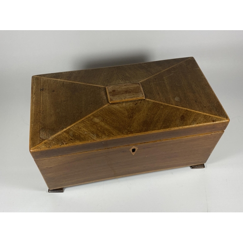 19 - A 19TH CENTURY SATINWOOD TEA CADDY TOGETHER WITH ASSORTED VINTAGE LEATHER GLOVES, HEIGHT 15CM