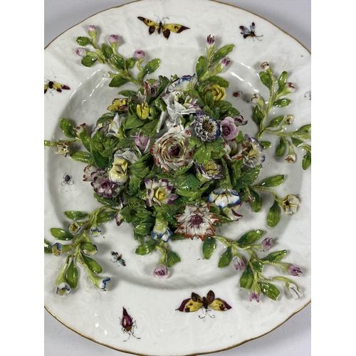 23 - A POSSIBLY SITZENDORF 19TH CENTURY HARD PASTE PORCELAIN PLATE WITH FLORAL ENCRUSTED AND HAND PAINTED... 