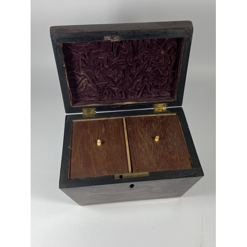 26 - A 19TH CENTURY MAHOGANY VENEERED TEA CADDY WITH INNER BONE HANDLED LIDS, HEIGHT 13CM