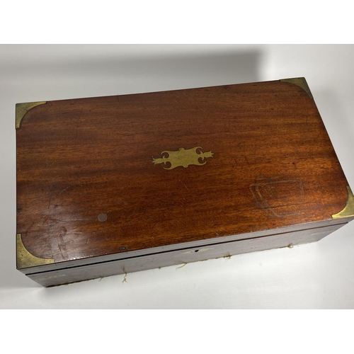 28 - A MAHOGANY AND BRASS BOUND WRITING SLOPE, 17 X 27 X 50CM