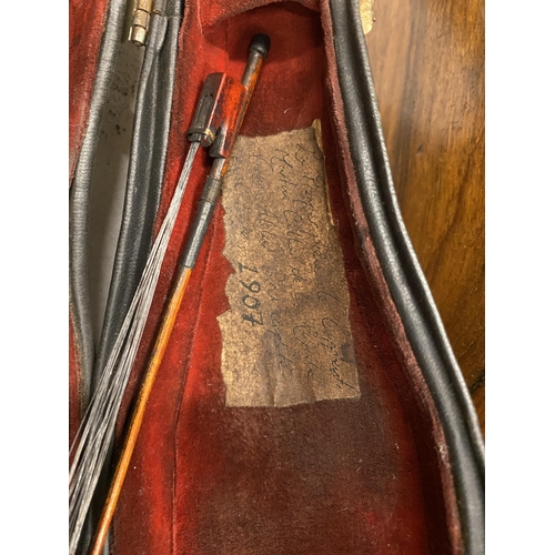 48 - AN EARLY 20TH CENTURY MINIATURE CASED VIOLIN AND BOW, LENGTH 23CM, CASE A/F