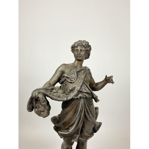 53 - A SPELTER MODEL OF A ROMAN FIGURE ON WOODEN BASE, HEIGHT 27CM