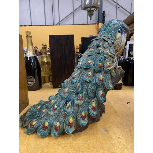 54 - A LARGE MAJOLICA STYLE PEACOCK CERAMIC FIGURE, A/F HEIGHT APPROX 39CM, WIDTH 40CM