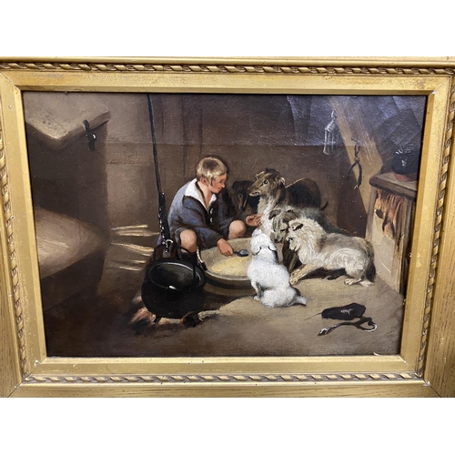 60 - A 19TH CENTURY ENGLISH OIL ON CANVAS OF A STABLE INTERIOR WITH A BOY FEEDING DOGS