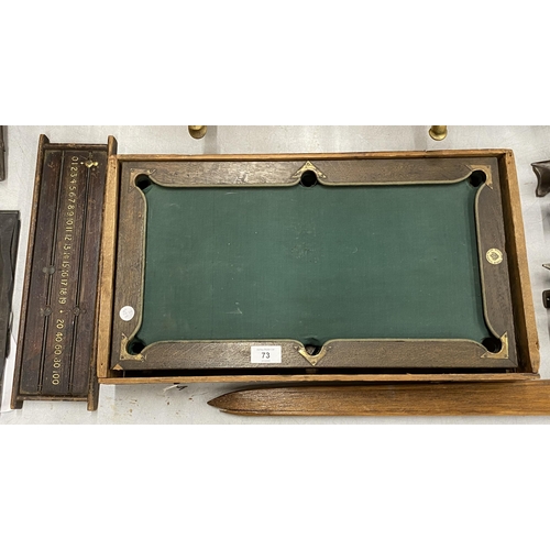 73 - A VINTAGE BOXED SALESMAN'S MINIATURE SNOOKER / BILLIARDS TABLE WITH SNOOKER SCORER (MISSING ONE LEG)... 