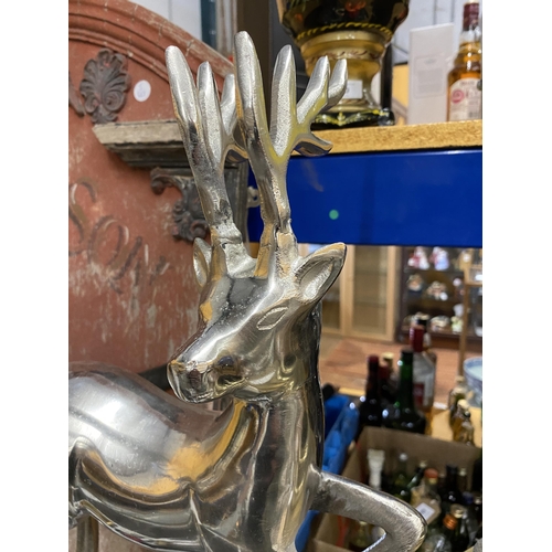 74 - A LARGE CHROME EFFECT MODEL OF A DEER ON STAND, HEIGHT 71CM