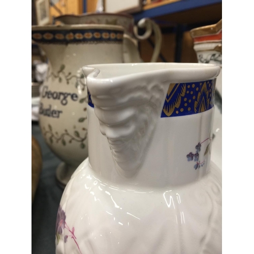 102 - TWO VINTAGE JUGS, ONE TRANSFER PATTERNED 'THE OLD PATRIOTIC JUG' PLUS A COPY OT 'THE CAUGHLEY MASK-H... 