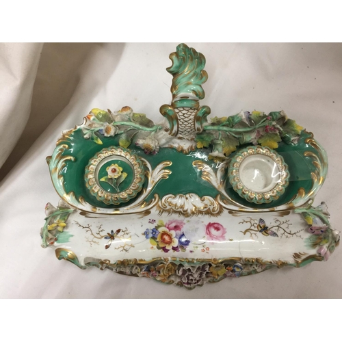 132 - A VICTORIAN ORNATE CERAMIC INKWELL WITH EMBOSSED FLOWERS - A/F