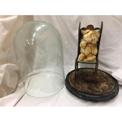 139 - A SMALL TEDDY ON A CHAIR IN A GLASS DOME