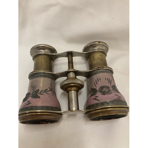 162 - A VINTAGE PAIR OF 'LAMIER' PARIS OPERA GLASSES WITH PINK ENAMELLED DECORATION