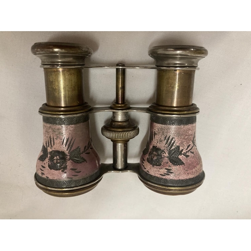 162 - A VINTAGE PAIR OF 'LAMIER' PARIS OPERA GLASSES WITH PINK ENAMELLED DECORATION