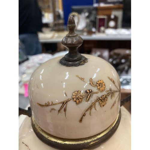 175 - A PAIR OF VICTORIAN GLASS LIDDED POTS ON BRASS BASES HEIGHT 43CM - ONE A/F