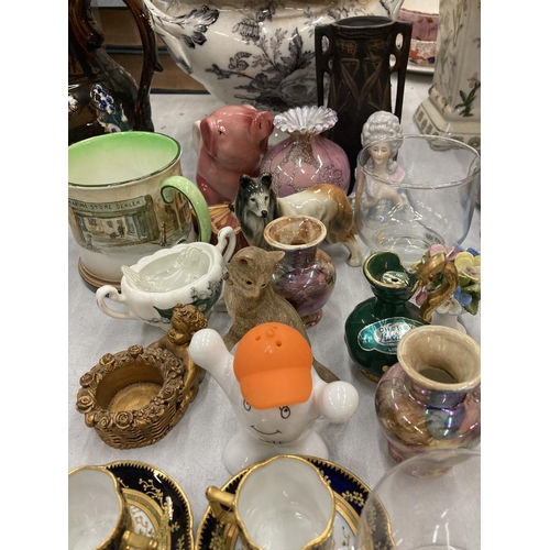 180 - A MIXED LOT TO INCLUDE SMALL CUPS AND SAUCERS, ANIMAL FIGURES, GLASSWARE, A DOULTON MUG, ETC