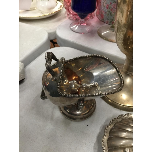 220 - THREE PIECES OF SILVER PLATED ITEMS TO INCLUDE A VASE, SHELL DISH AND A SCUTTLE AND SCOOP