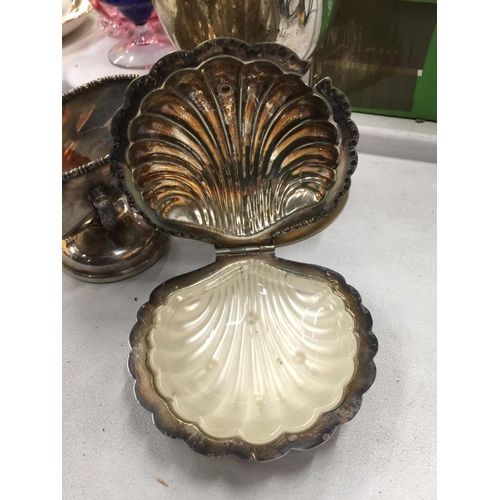 220 - THREE PIECES OF SILVER PLATED ITEMS TO INCLUDE A VASE, SHELL DISH AND A SCUTTLE AND SCOOP