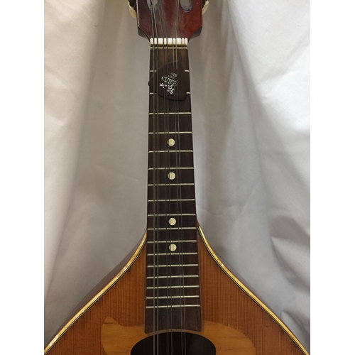 225 - A VINTAGE INLAID MANDOLIN WITH A PLECTRUM