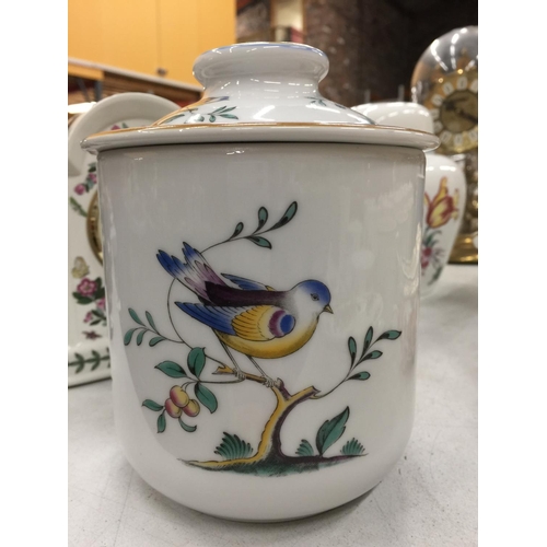 227 - A PORTMEIRION MANTLE CLOCK, SPODE 'QUEENS BIRD' STORAGE JAR AND COALPORT GINGER JAR