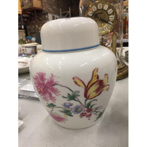 227 - A PORTMEIRION MANTLE CLOCK, SPODE 'QUEENS BIRD' STORAGE JAR AND COALPORT GINGER JAR