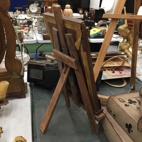 270 - A SMALL AND LARGER WOODEN EASEL ONE WITH AN EDWARDIAN INLAID MIRROR