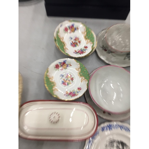 275 - A QUANTITY OF CERAMIC ITEMS TO INCLUDE FRENCH TRANSFER PRINTED PLATES, A FRENCH COFFEE POT, WATER JU... 