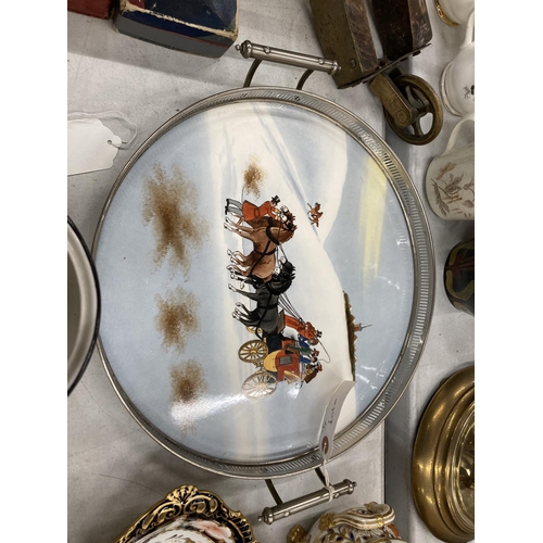 283 - A 'HUNTING' THEMED LOT TO INCLUDE A CERAMIC TRAY WITH PLATED GALLERIED EDGE, BURLEIGHWARE POT, CROWN... 