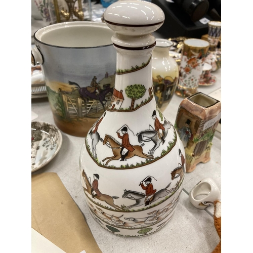 283 - A 'HUNTING' THEMED LOT TO INCLUDE A CERAMIC TRAY WITH PLATED GALLERIED EDGE, BURLEIGHWARE POT, CROWN... 