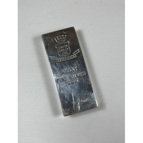 922 - A DAVID GODLEY LTD, LEICESTER, ASSAY FINE SILVER 999 14.3 OZ BAR