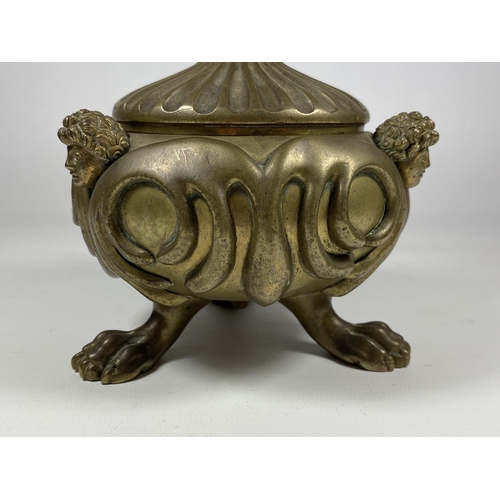 95 - A 19TH CENTURY BRASS PETRARCH'S INKSTAND WITH CHERUB DESIGN, INSRIBED TO UNDERISDE OF LID