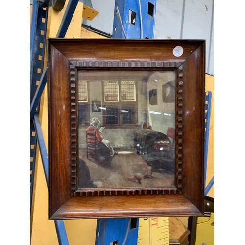 85A - A VINTAGE MAHOGANY FRAMED PRINT OF A WOMAN READING AFTER PIETER JANSSENS ELINGA