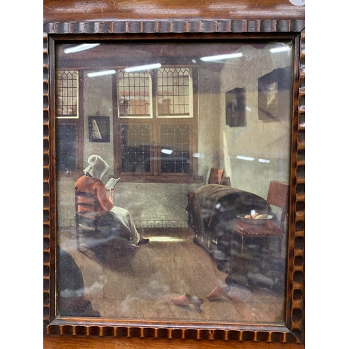 85A - A VINTAGE MAHOGANY FRAMED PRINT OF A WOMAN READING AFTER PIETER JANSSENS ELINGA