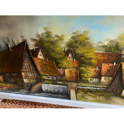 277 - GERMAN VILLAGE WITH WATERMILL, OIL ON CANVAS, INDISTINCTLY SIGNED, 50X100CM, FRAMED