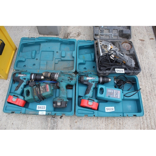 21 - 3 MAKITA DRILLS, 2 CHARGERS, TITAN DISC SAW  NO VAT