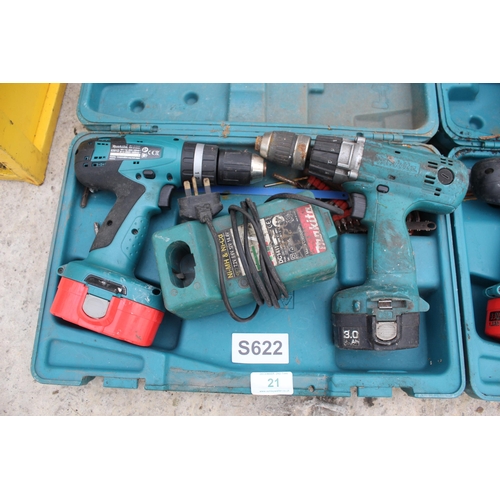 21 - 3 MAKITA DRILLS, 2 CHARGERS, TITAN DISC SAW  NO VAT