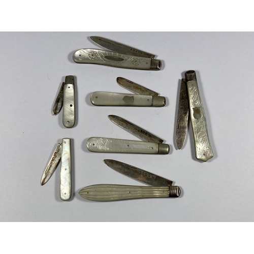 56 - A SET OF SEVEN HALLMARKED SILVER AND MOTHER OF PEARL FRUIT KNIVES