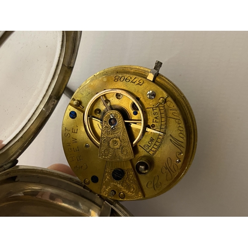 72 - A CHESTER HALLMARKED OPEN FACED FUSEE MOVEMENT POCKET WATCH, C.H MOODY, CREWE, SIGNED TO MOVEMENT & ... 