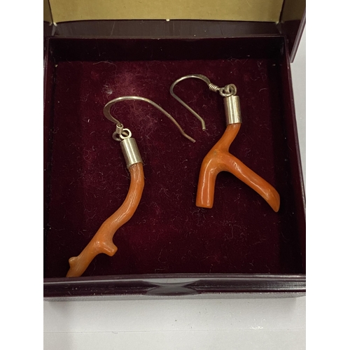 13 - A BOXED PAIR OF SILVER CORAL DESIGN EARRINGS