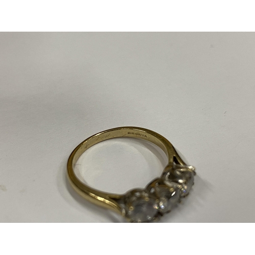 14 - A BOXED 9CT YELLOW GOLD THREE STONE RING, WEIGHT 2.38G