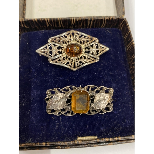 15 - TWO VINTAGE SILVER AMBER STONE BROOCHES, BOXED