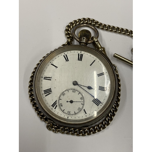 18 - A .935 SILVER OPEN FACED POCKET WATCH WITH PLATED ALBERT CHAIN AND HALLMARKED SILVER FOB